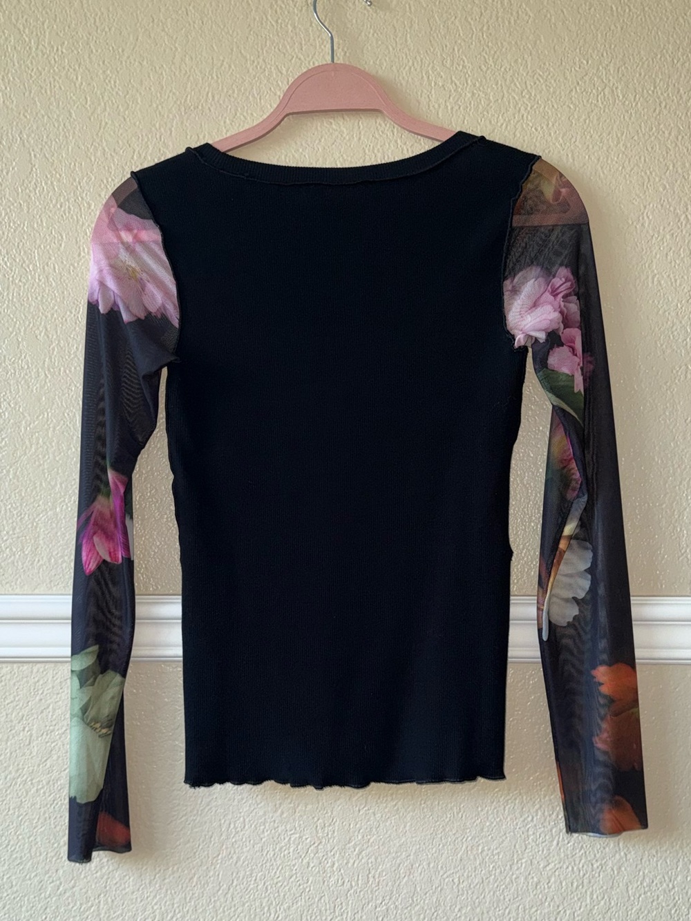 Desigual Floral Orchid Mesh Long Sleeve Whimsigoth Top Ribbed Black Small